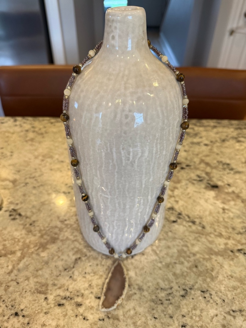 Beaded Agate Pendant Necklace in Brown and Cream